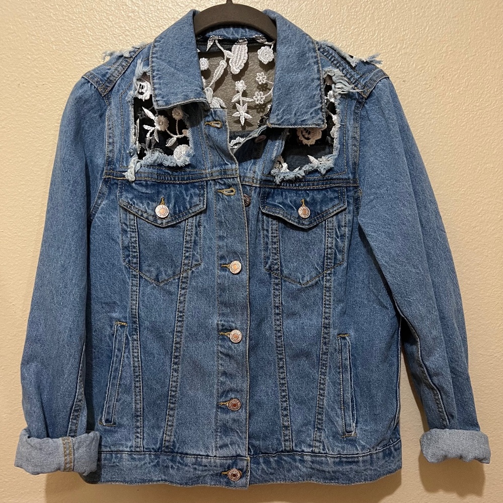 Denim Jacket with Sheer Embroidered Patches